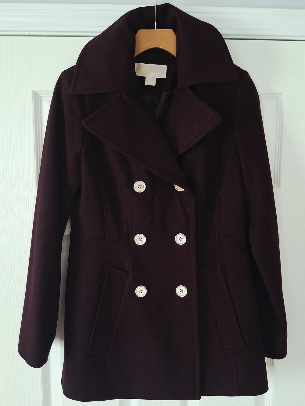 Michael Kors Burgundy Wool Gold Button Peacoat XS